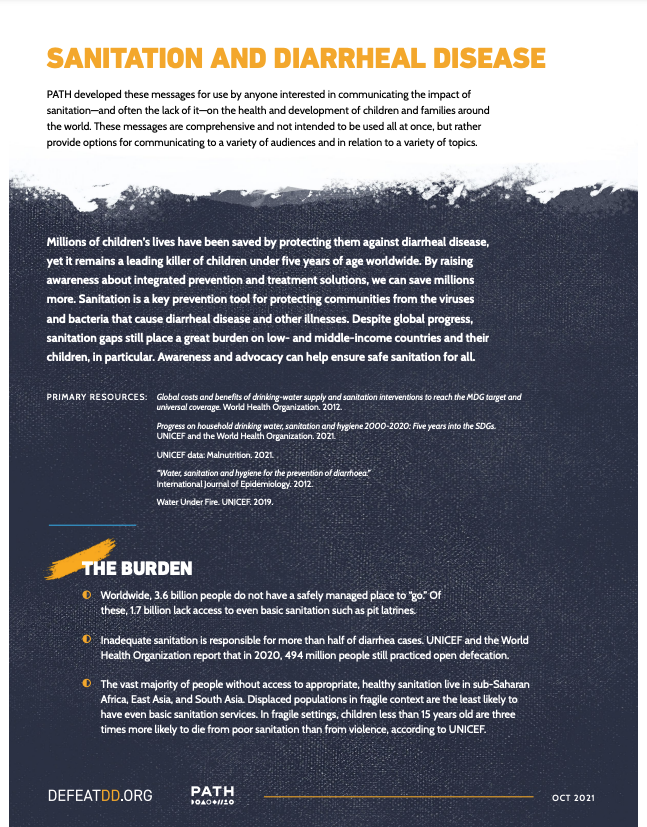 An infographic titled "Sanitation and Diarrheal Disease" details the global impact of insufficient sanitation on children's health. It includes statistics on deaths and economic burden, and highlights the need for better hygiene solutions to prevent disease.